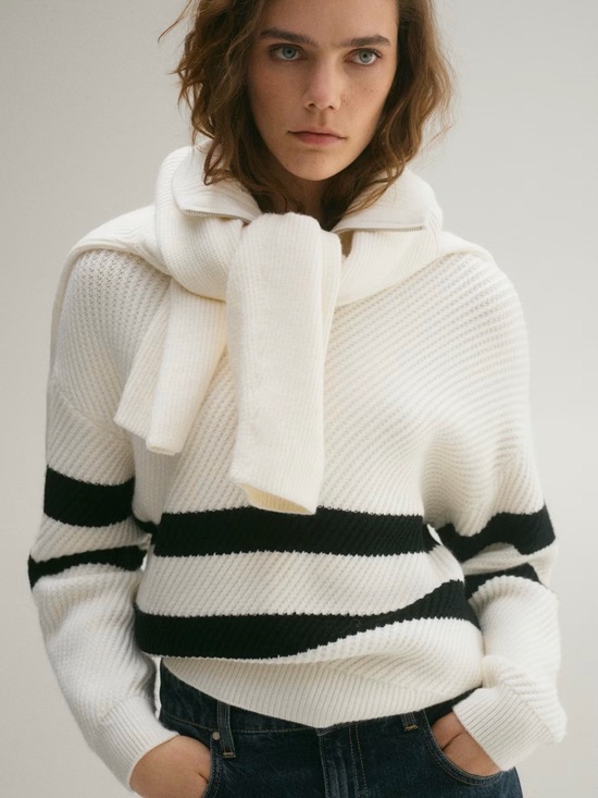 Mango Sweaters - Mango White Quarter Zip Crewneck Sweater with Black Stripes